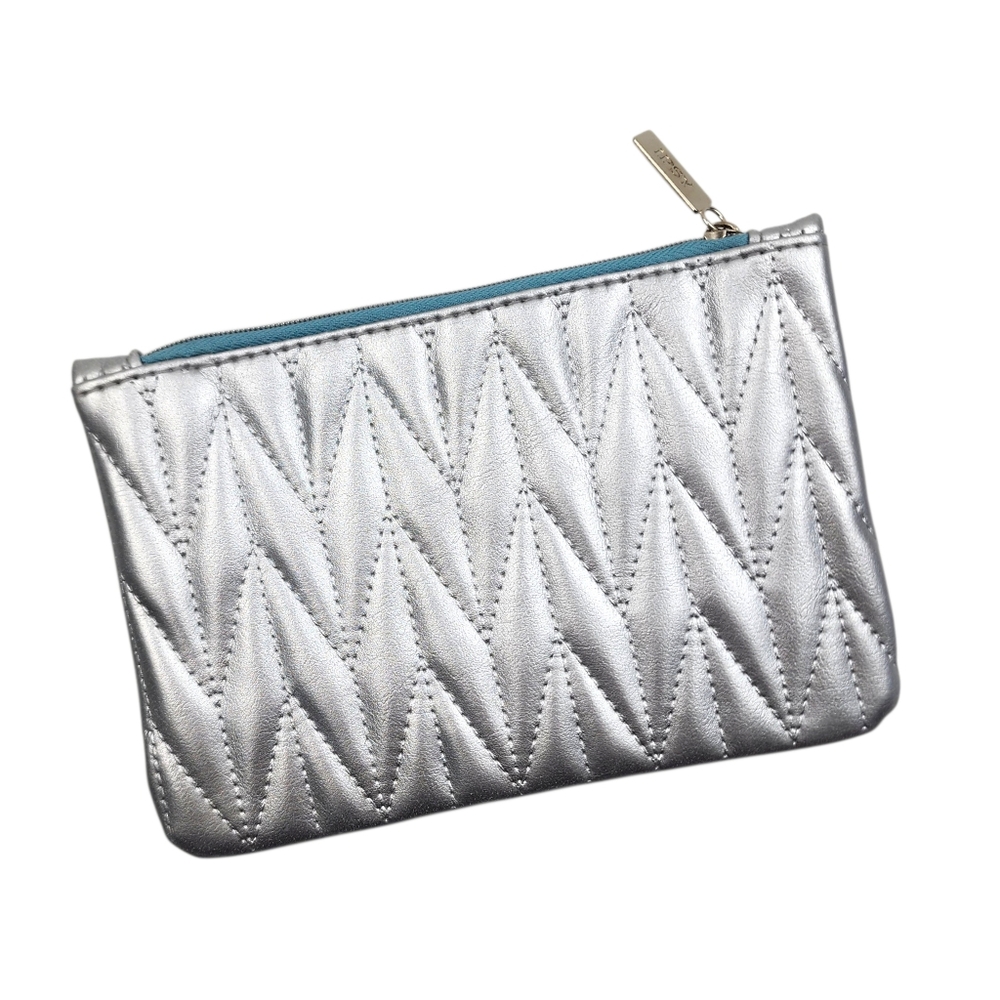 ipsy Silver Quilted Cosmetic Pouch with Blue Trim